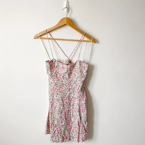 Zara Ditsy Floral Satin Effect Mini Dress Pink Green Size Medium - Picture 3 of 10